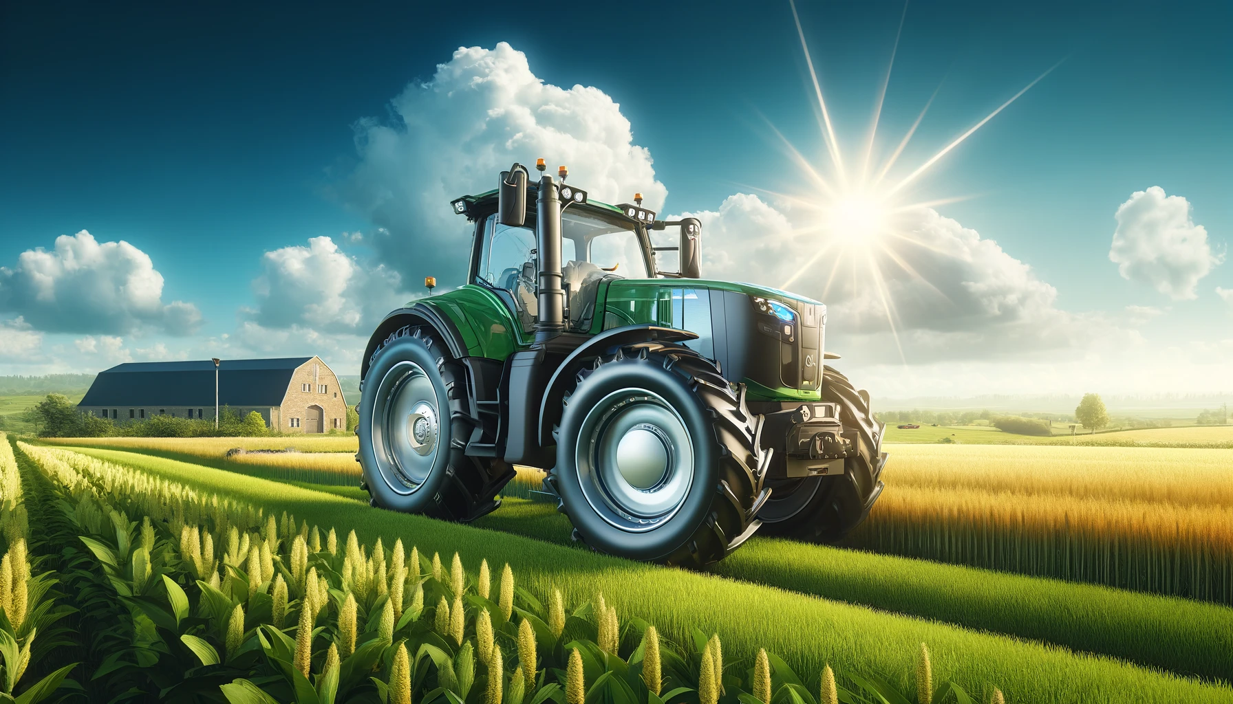 A modern, sleek tractor in a scenic agricultural field