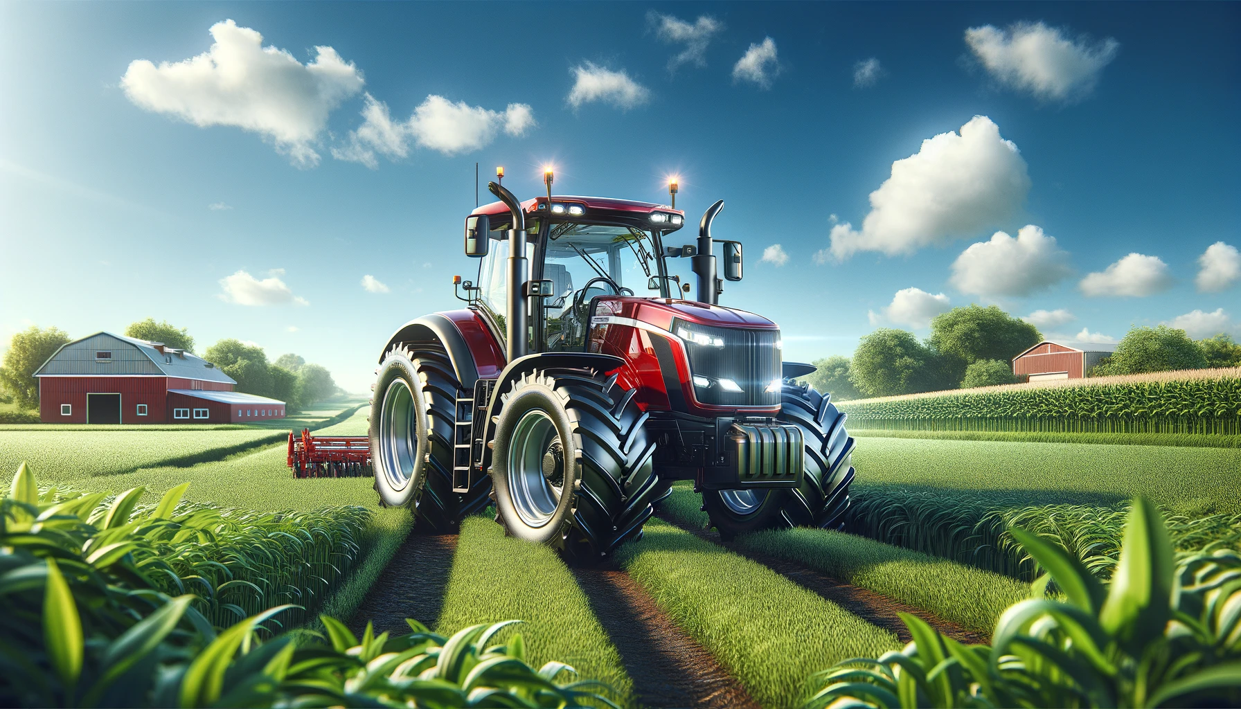 a modern sleek tractor in a scenic agricultural field