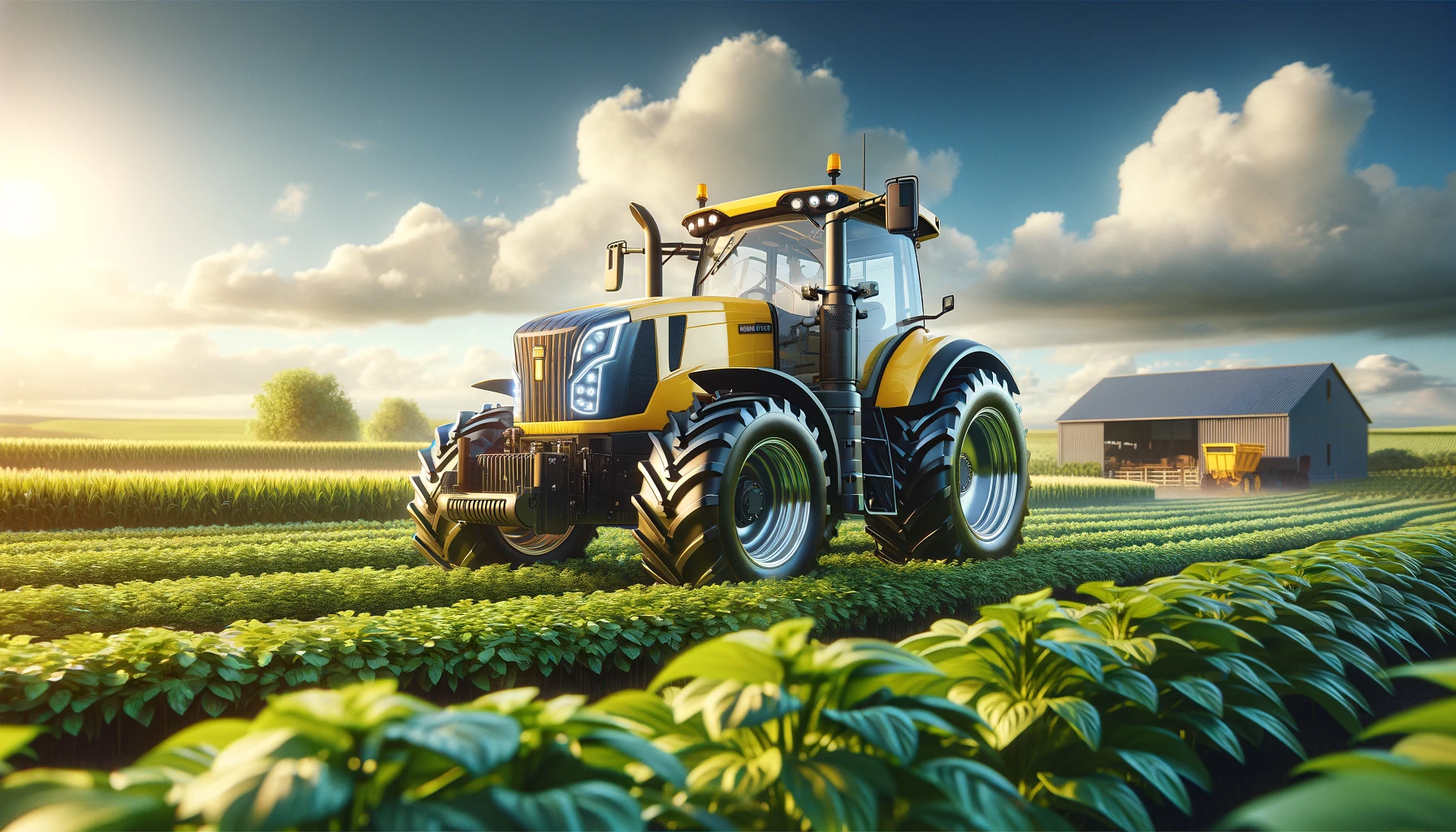 image of a modern, sleek tractor in a scenic agricultural field. The tractor is yellow